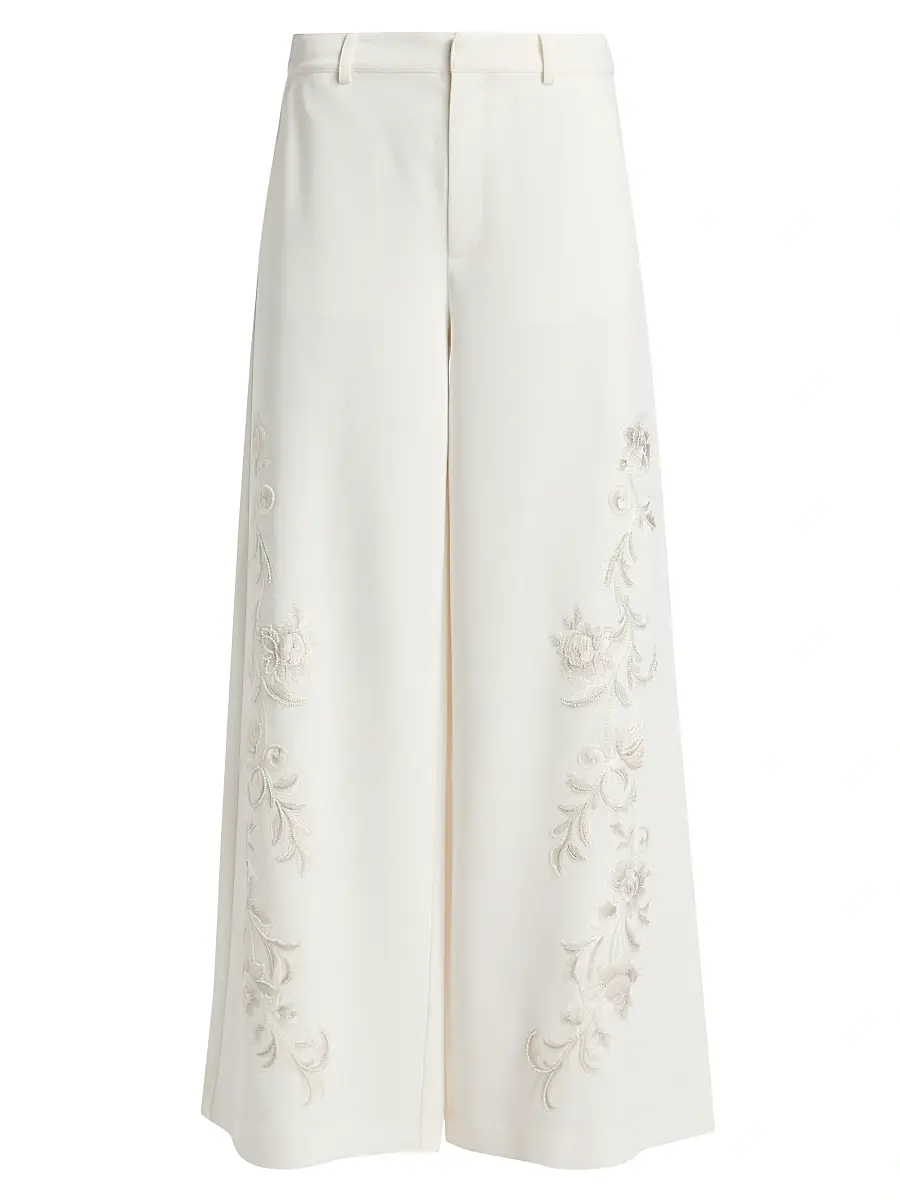 Cinq à Sept Women's Roxane Embroidered Wide-Leg Pants - Ivory Natural - Size 14 | Image 1 Cinq à Sept Women's Roxane Embroidered Wide-Leg Pants - Ivory Natural - Size 14 | Image 1