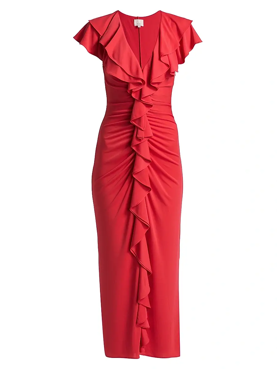 Cinq à Sept Women's Tallis Ruched Ruffled Midi-Dress - Crimson Aura - Size 14 | Image 1 Cinq à Sept Women's Tallis Ruched Ruffled Midi-Dress - Crimson Aura - Size 14 | Image 1