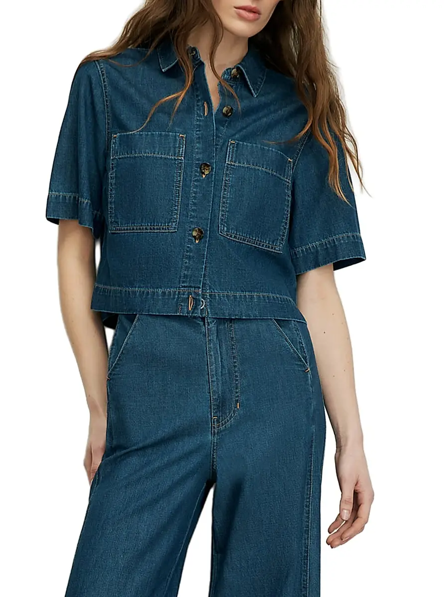 Veronica Beard Women's Spruce Denim Short-Sleeve Shirt | Thumbnail 3