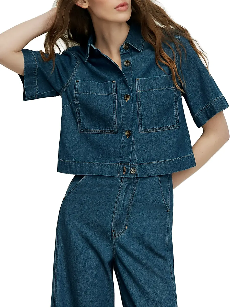 Veronica Beard Women's Spruce Denim Short-Sleeve Shirt | Thumbnail 4