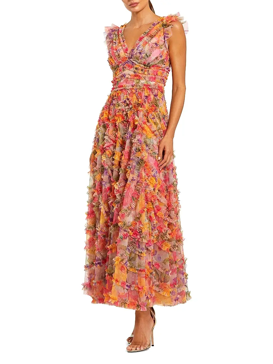 Mac Duggal Women's Petite Floral Tulle Ruffle Maxi Dress Petite 14 | Image 1 Mac Duggal Women's Petite Floral Tulle Ruffle Maxi Dress Petite 14 | Image 1