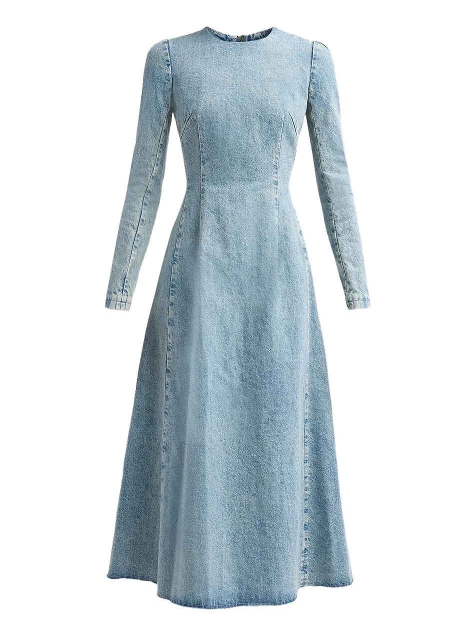 Women's Denim Long-Sleeve A-Line Midi Dress