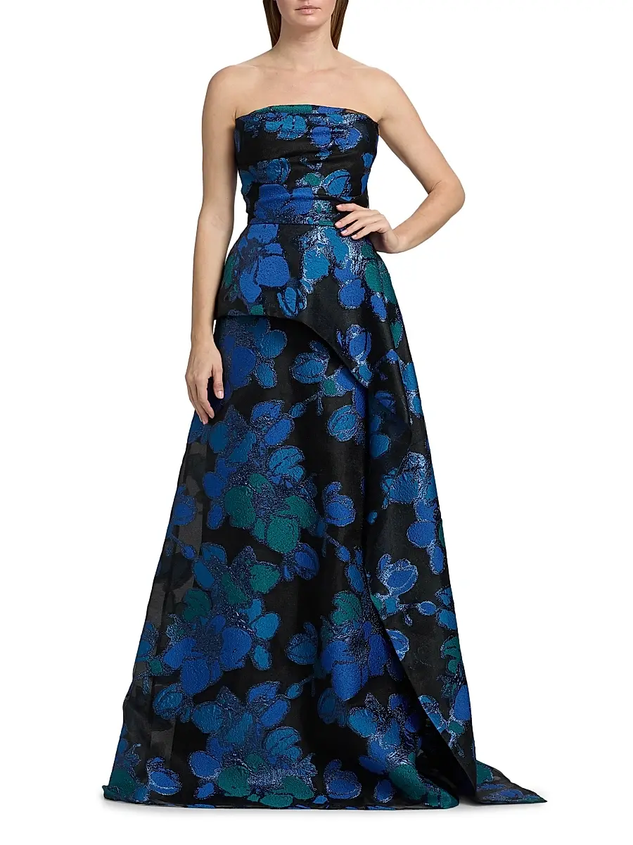 Teri Jon by Rickie Freeman Women's Floral Jacquard Peplum Strapless Gown | Thumbnail 2 Teri Jon by Rickie Freeman Women's Floral Jacquard Peplum Strapless Gown | Thumbnail 2