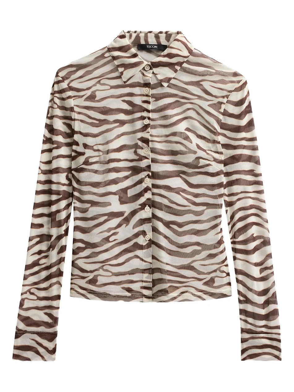 Women's Lennon Sheer Zebra Fitted Button-Front Top Women's Lennon Sheer Zebra Fitted Button-Front Top