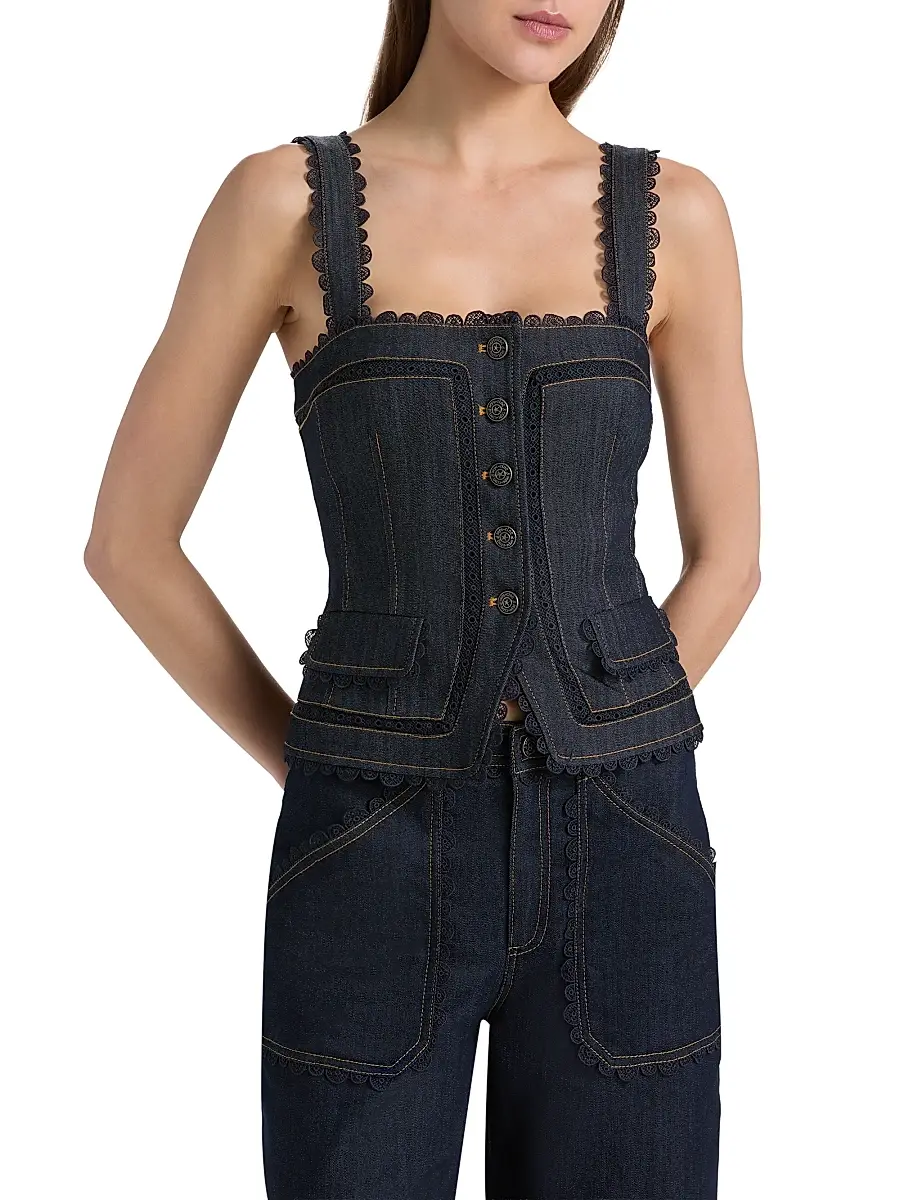 Cinq à Sept Women's Myra Guipure Lace Denim Top | Thumbnail 3