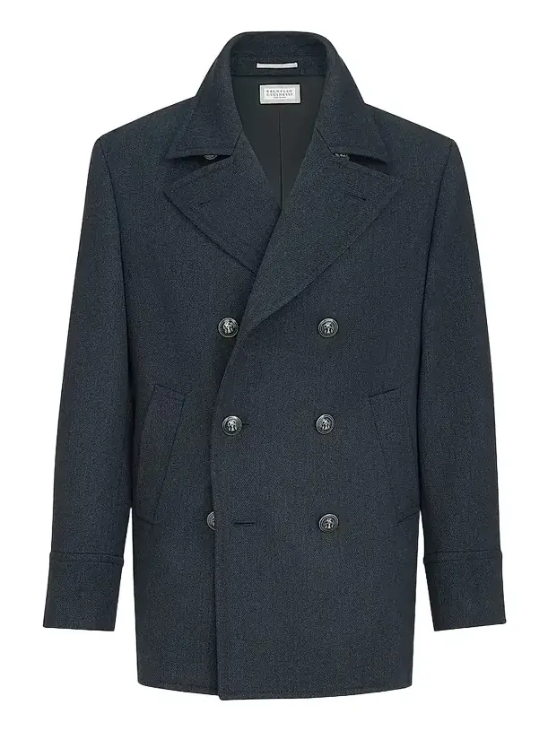 Brunello Cucinelli Men's Wool and Cashmere Cavalry Peacoat with Metal Buttons - Blue