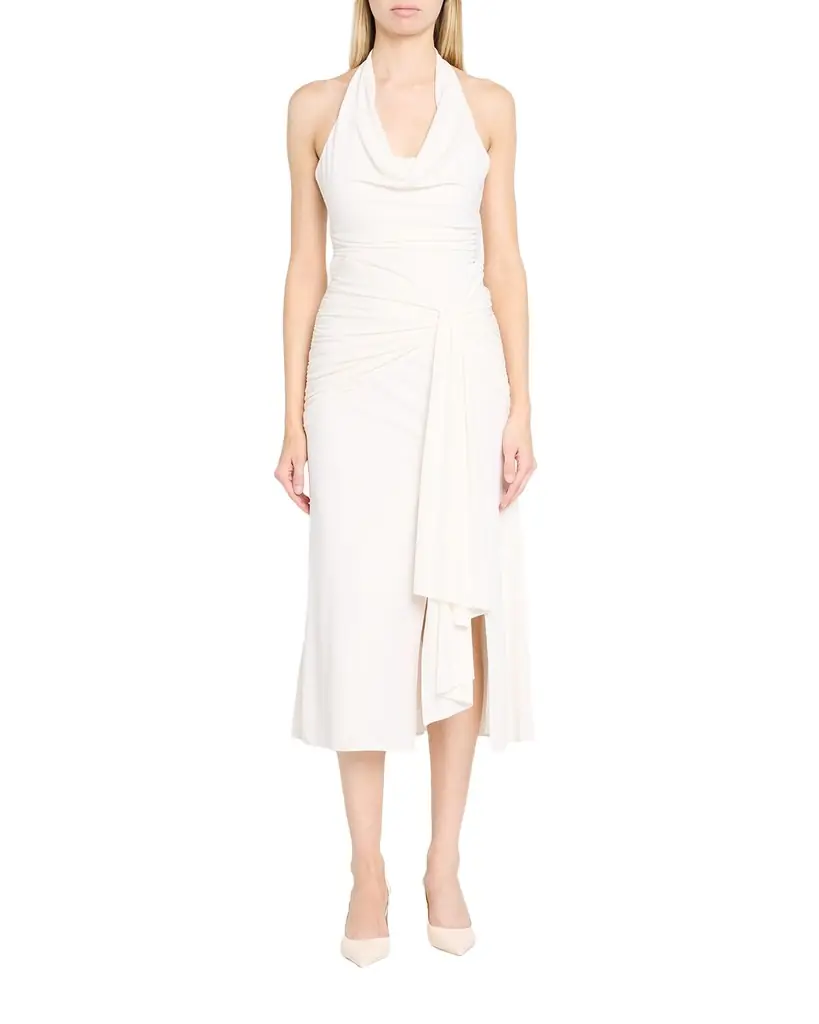 Cinq à Sept Kaia Draped Halter Midi Dress | Image 1 Cinq à Sept Kaia Draped Halter Midi Dress | Image 1
