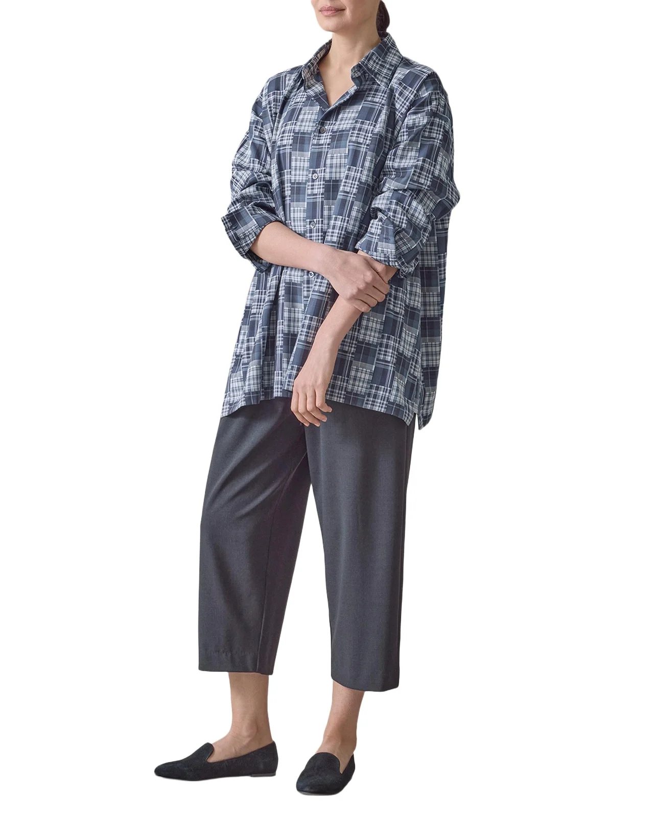 A-Line Patchwork Plaid Cotton Shirt A-Line Patchwork Plaid Cotton Shirt