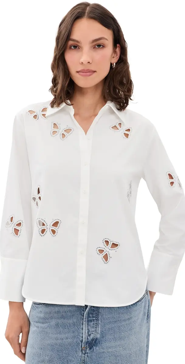 Alice + Olivia Finely Embellished Cutout Button Down Shirt | Image 1 Alice + Olivia Finely Embellished Cutout Button Down Shirt | Image 1