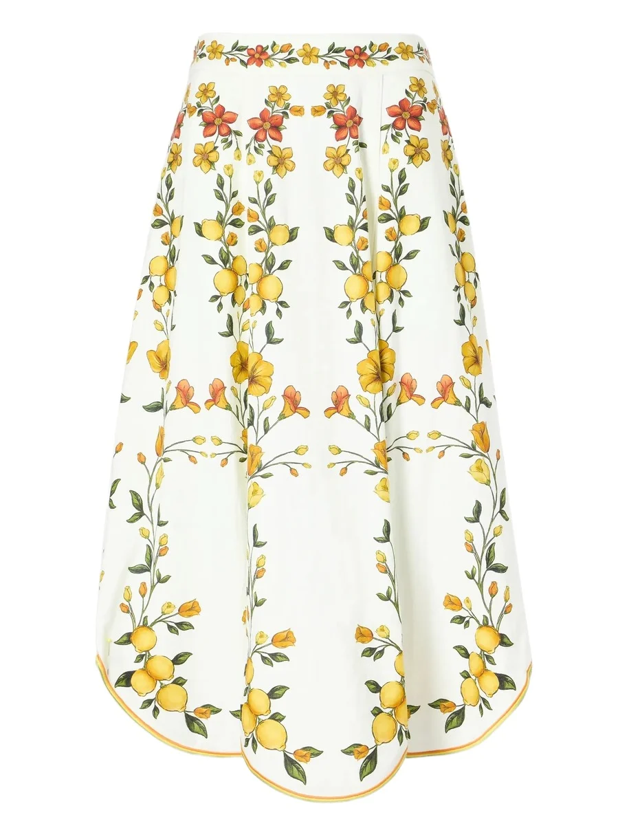 Farm Rio Lemon Bouquet Printed Linen-blend Midi Skirt
