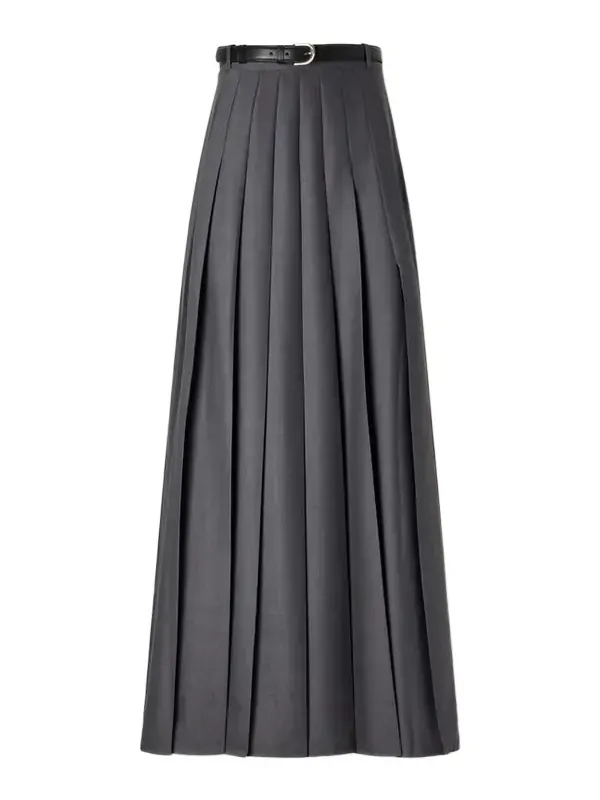 Belted Pleated Woven Grain De Poudre Maxi Skirt