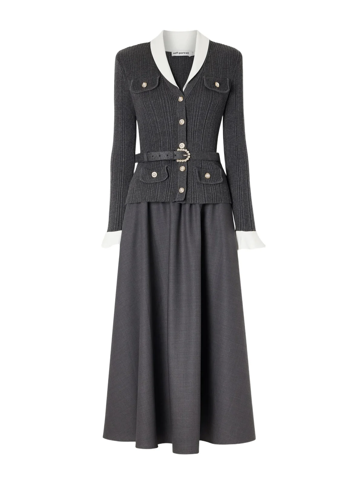 Belted Embellished Ribbed-knit And Twill Midi Dress Belted Embellished Ribbed-knit And Twill Midi Dress