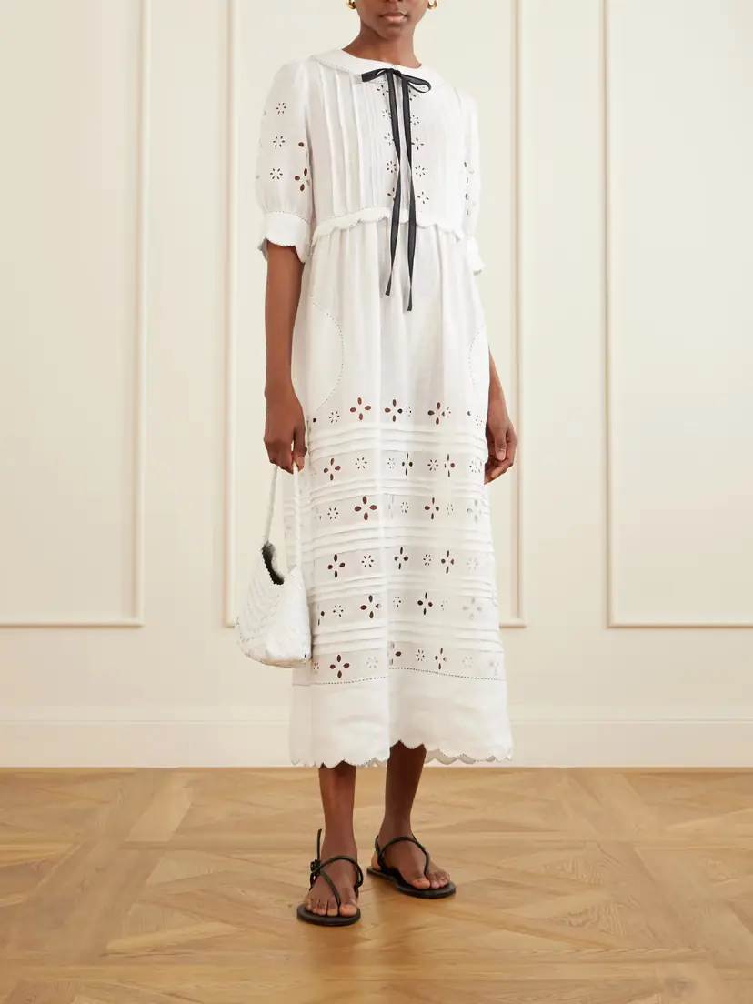 Vita Kin Bari Tie-detailed Broderie Anglaise-trimmed Linen Midi Dress | Thumbnail 2
