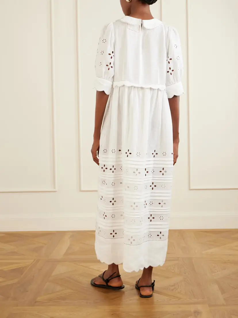 Vita Kin Bari Tie-detailed Broderie Anglaise-trimmed Linen Midi Dress | Thumbnail 3