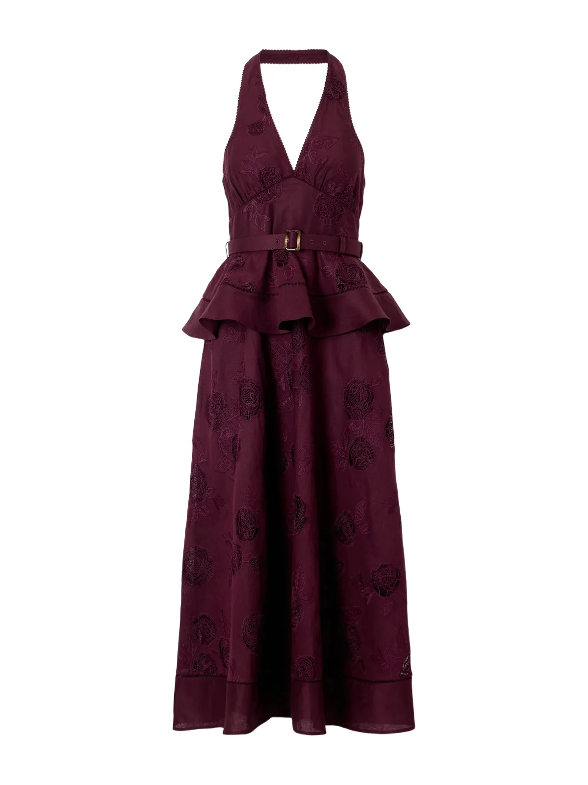 Belted Broderie Anglaise-trimmed Linen And Cotton-blend Peplum Midi Dress Belted Broderie Anglaise-trimmed Linen And Cotton-blend Peplum Midi Dress