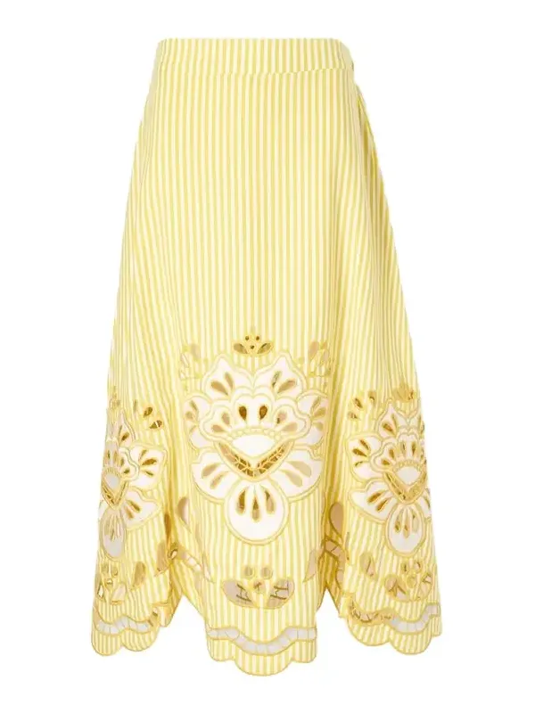 Striped Broderie Anglaise-trimmed Linen-blend Midi Skirt Striped Broderie Anglaise-trimmed Linen-blend Midi Skirt