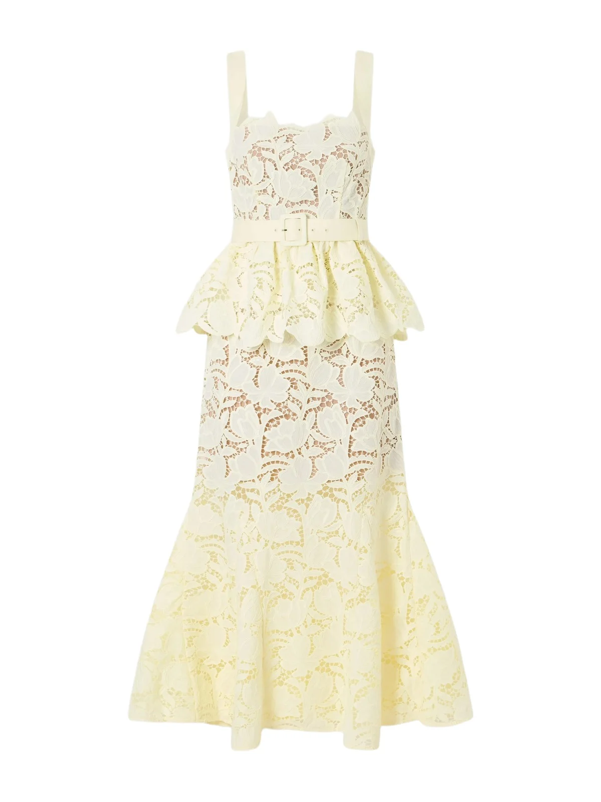 Belted Lace Peplum Midi Dress