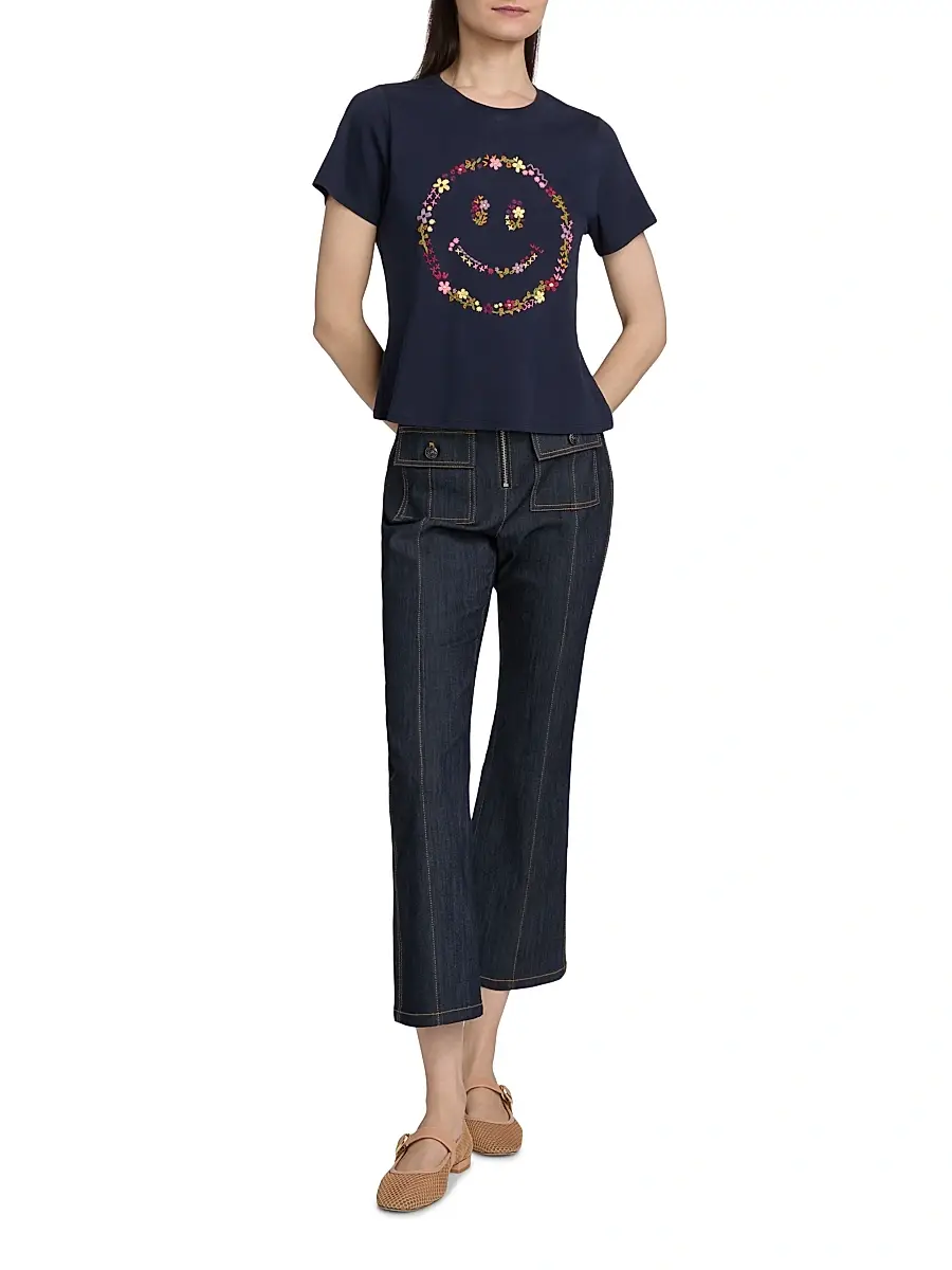 Cinq à Sept Women's Wildflower-Embroidered Cotton Shrunken T-Shirt | Thumbnail 2 Cinq à Sept Women's Wildflower-Embroidered Cotton Shrunken T-Shirt | Thumbnail 2