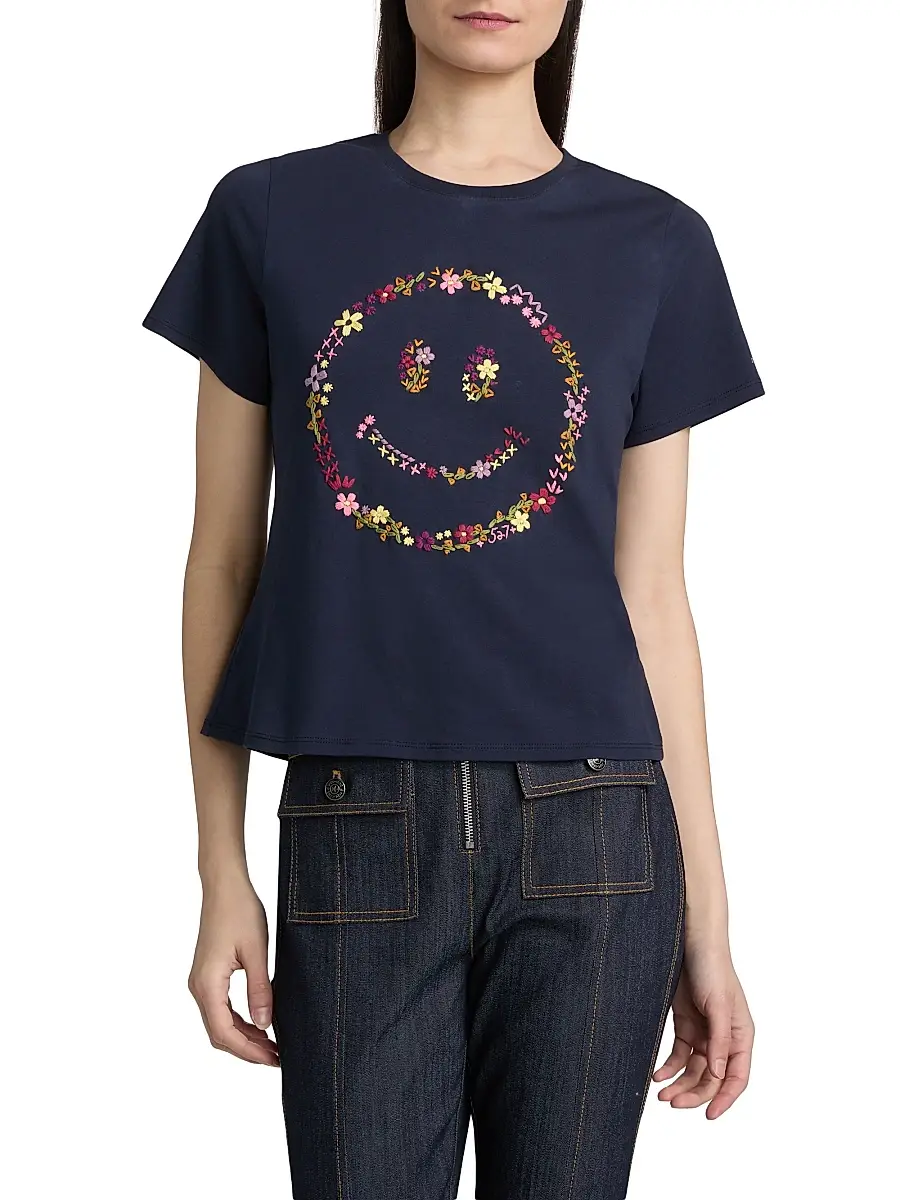 Cinq à Sept Women's Wildflower-Embroidered Cotton Shrunken T-Shirt | Thumbnail 3 Cinq à Sept Women's Wildflower-Embroidered Cotton Shrunken T-Shirt | Thumbnail 3