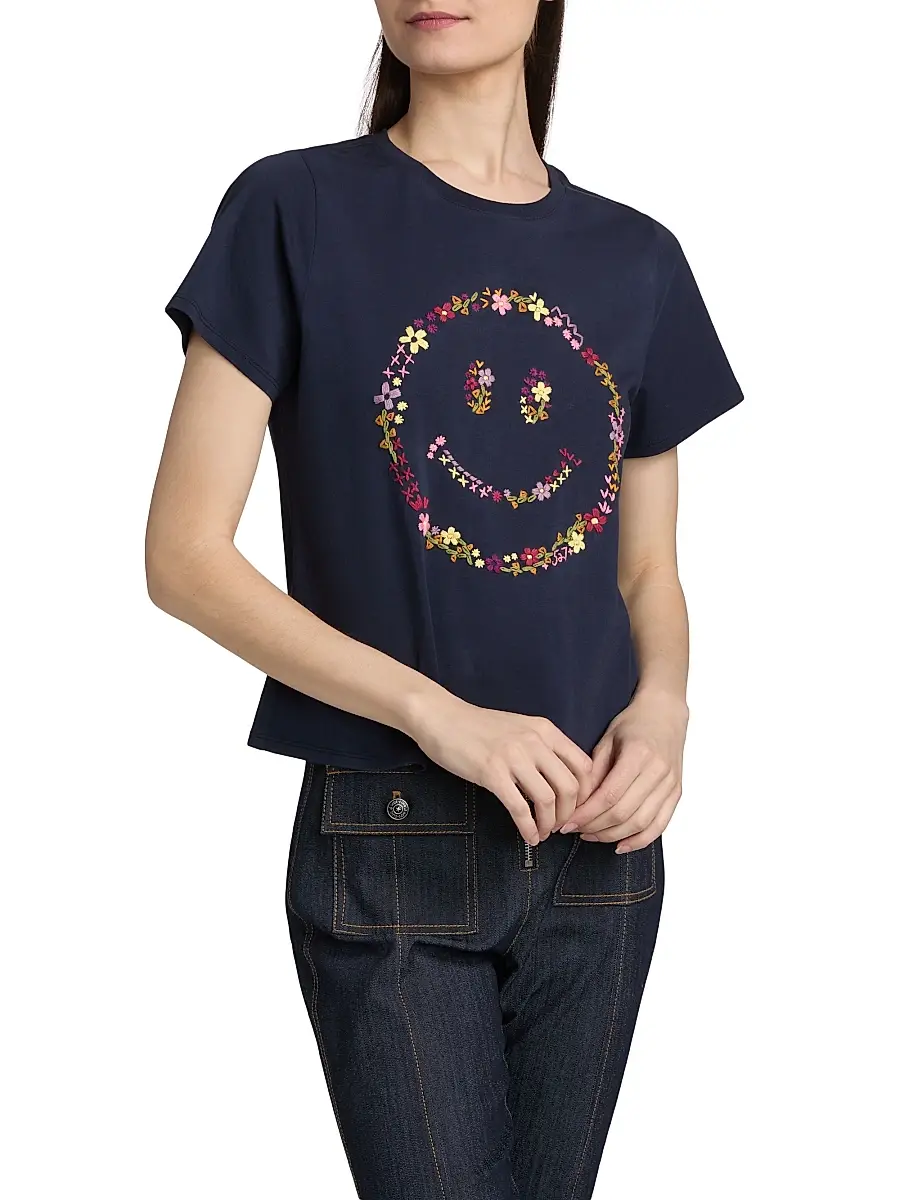 Cinq à Sept Women's Wildflower-Embroidered Cotton Shrunken T-Shirt | Thumbnail 4 Cinq à Sept Women's Wildflower-Embroidered Cotton Shrunken T-Shirt | Thumbnail 4