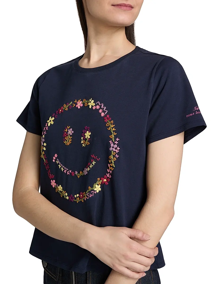 Cinq à Sept Women's Wildflower-Embroidered Cotton Shrunken T-Shirt | Thumbnail 6 Cinq à Sept Women's Wildflower-Embroidered Cotton Shrunken T-Shirt | Thumbnail 6