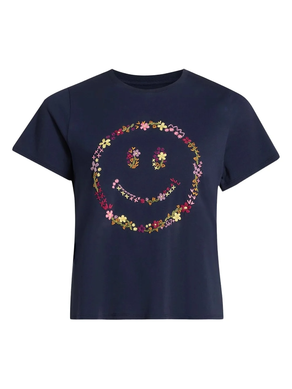 Women's Wildflower-Embroidered Cotton Shrunken T-Shirt