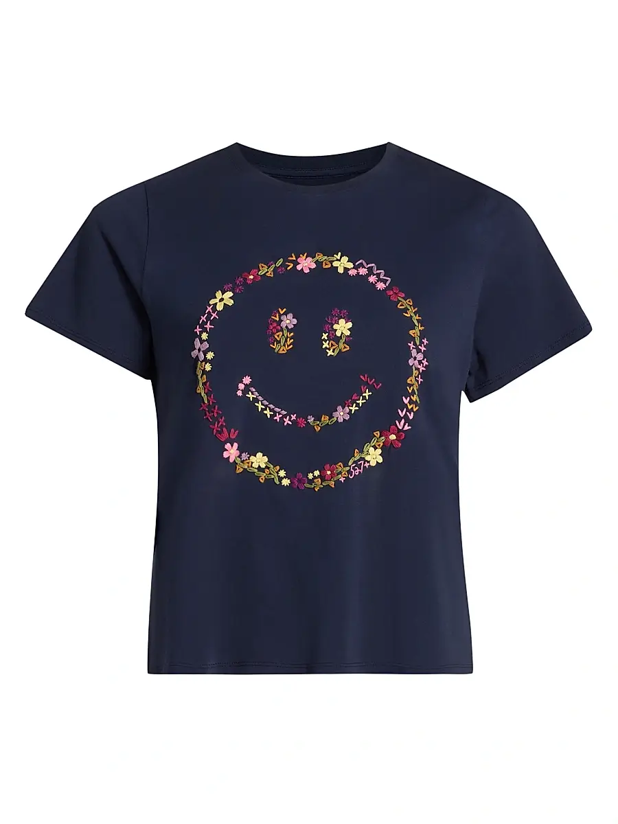 Cinq à Sept Women's Wildflower-Embroidered Cotton Shrunken T-Shirt - Navy Multi | Image 1 Cinq à Sept Women's Wildflower-Embroidered Cotton Shrunken T-Shirt - Navy Multi | Image 1