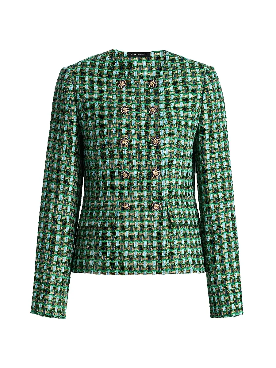 Elie Tahari Women's The Eleni Metallic Double-Breasted Jacket - Parrot Green Tweed - Size XS | Image 1 Elie Tahari Women's The Eleni Metallic Double-Breasted Jacket - Parrot Green Tweed - Size XS | Image 1