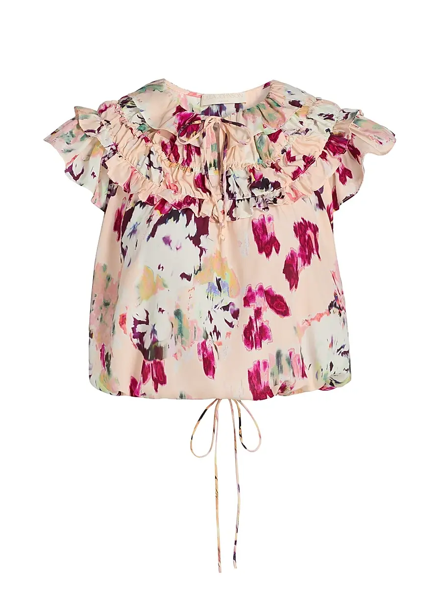 Ulla Johnson Women's Eleonore Ruffled Floral Silk Tieneck Top - Summer Garden | Image 1 Ulla Johnson Women's Eleonore Ruffled Floral Silk Tieneck Top - Summer Garden | Image 1