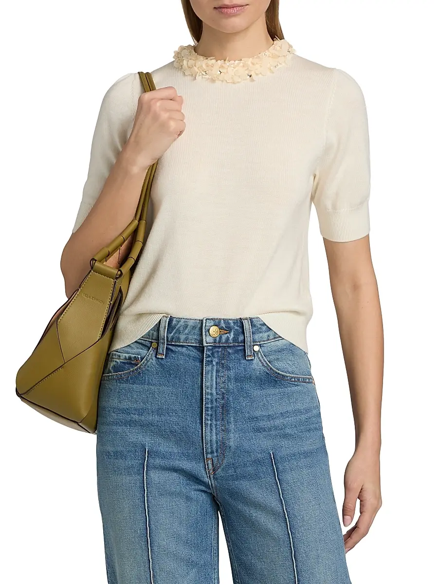 Ulla Johnson Women's Jude Embellished-Trim Merino Wool Short-Sleeve Top | Thumbnail 3