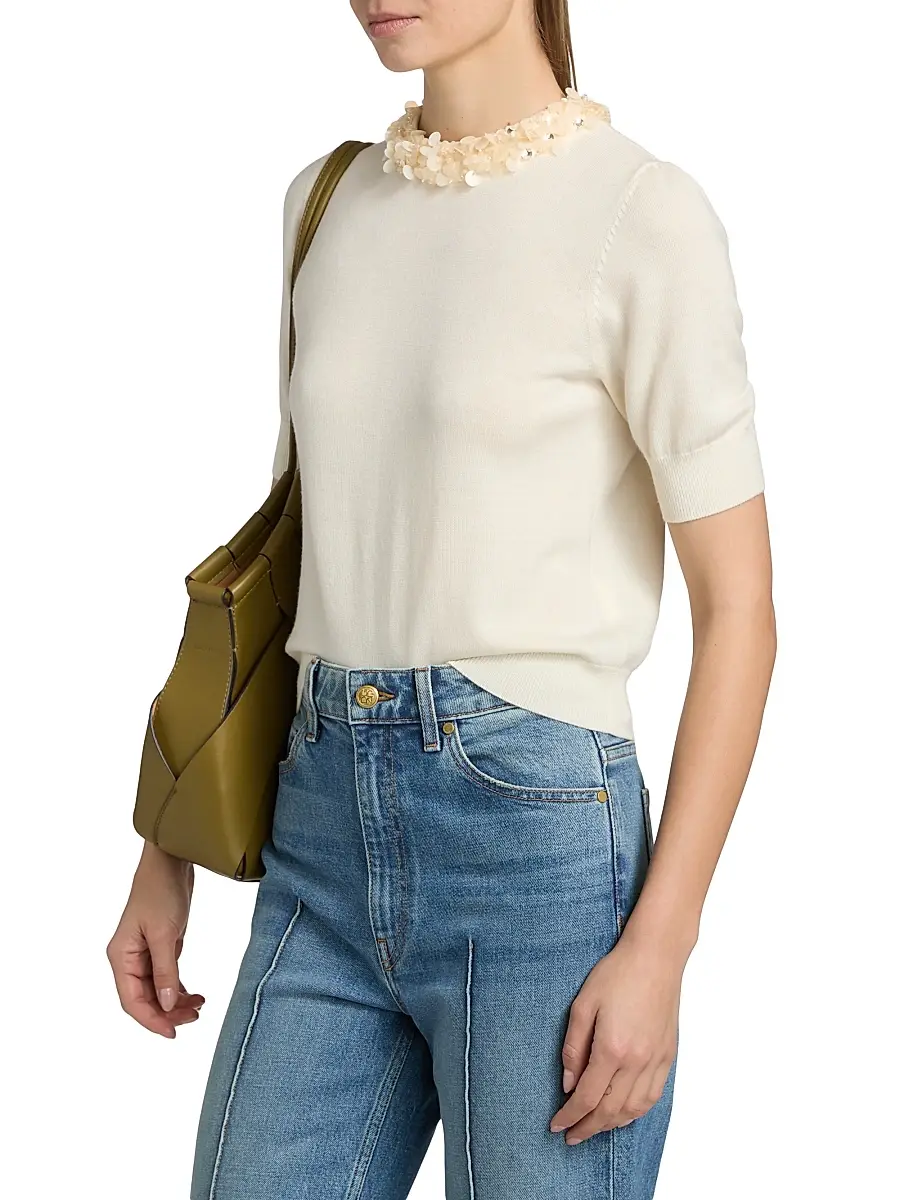 Ulla Johnson Women's Jude Embellished-Trim Merino Wool Short-Sleeve Top | Thumbnail 4