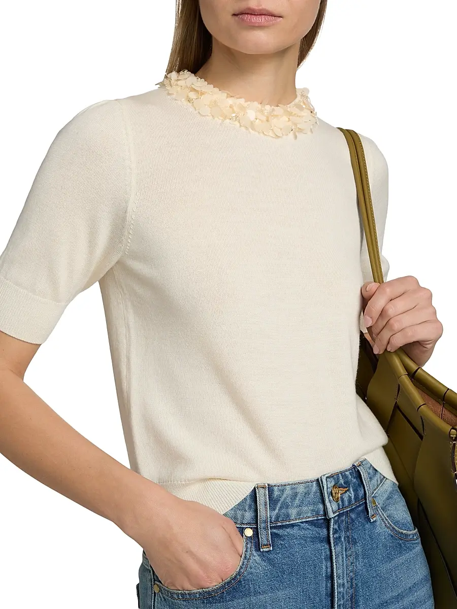 Ulla Johnson Women's Jude Embellished-Trim Merino Wool Short-Sleeve Top | Thumbnail 6