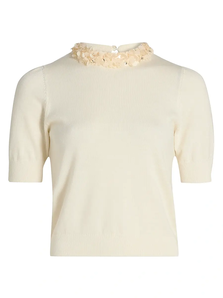 Ulla Johnson Women's Jude Embellished-Trim Merino Wool Short-Sleeve Top - Pearled Ivory - Size XL | Image 1 Ulla Johnson Women's Jude Embellished-Trim Merino Wool Short-Sleeve Top - Pearled Ivory - Size XL | Image 1