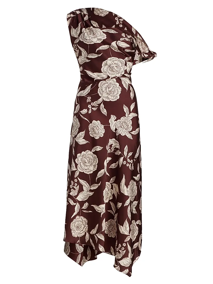 Tanya Taylor Women's Loretta Floral Satin One-Shoulder Midi-Dress - Deep Redwood Multi | Image 1 Tanya Taylor Women's Loretta Floral Satin One-Shoulder Midi-Dress - Deep Redwood Multi | Image 1
