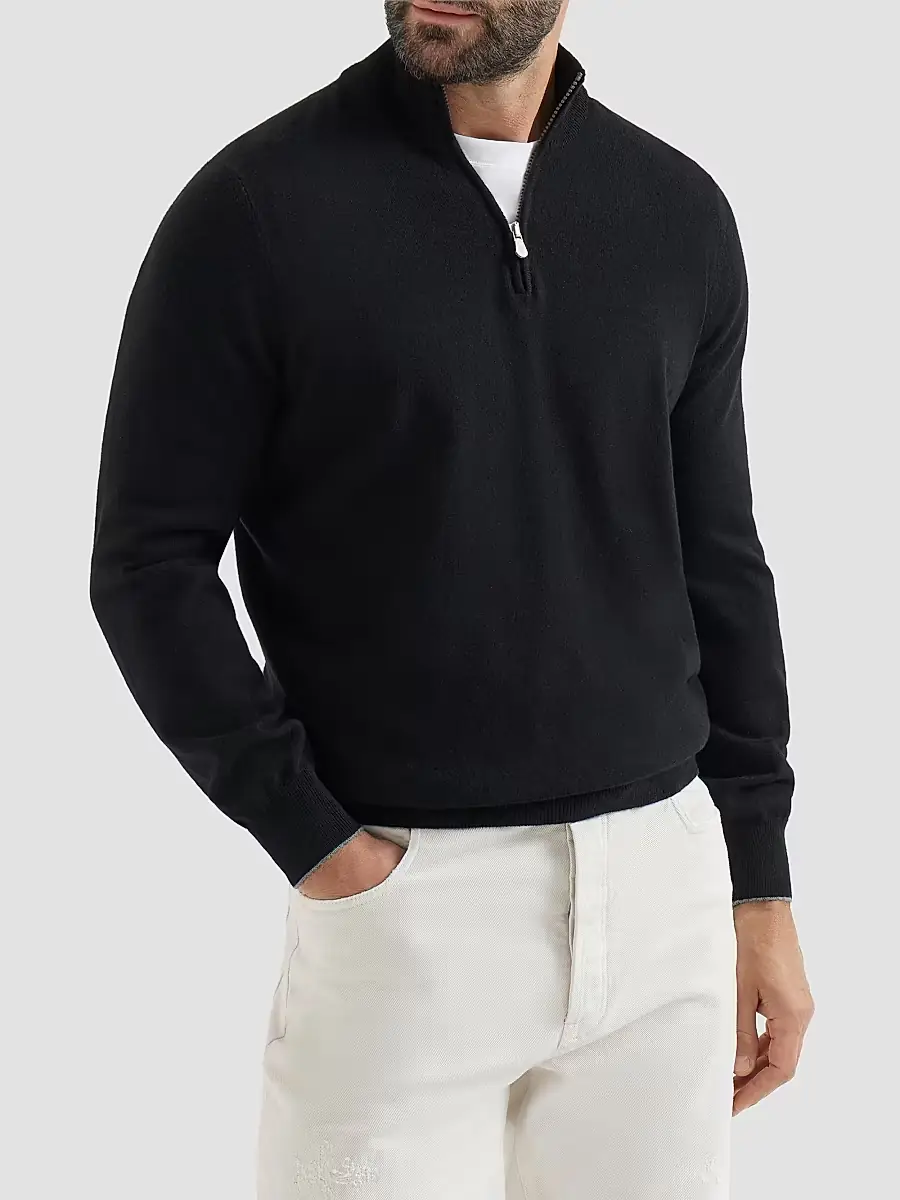 Brunello Cucinelli Men's Cashmere Sweater with Half Zip - Black | Thumbnail 2 Brunello Cucinelli Men's Cashmere Sweater with Half Zip - Black | Thumbnail 2