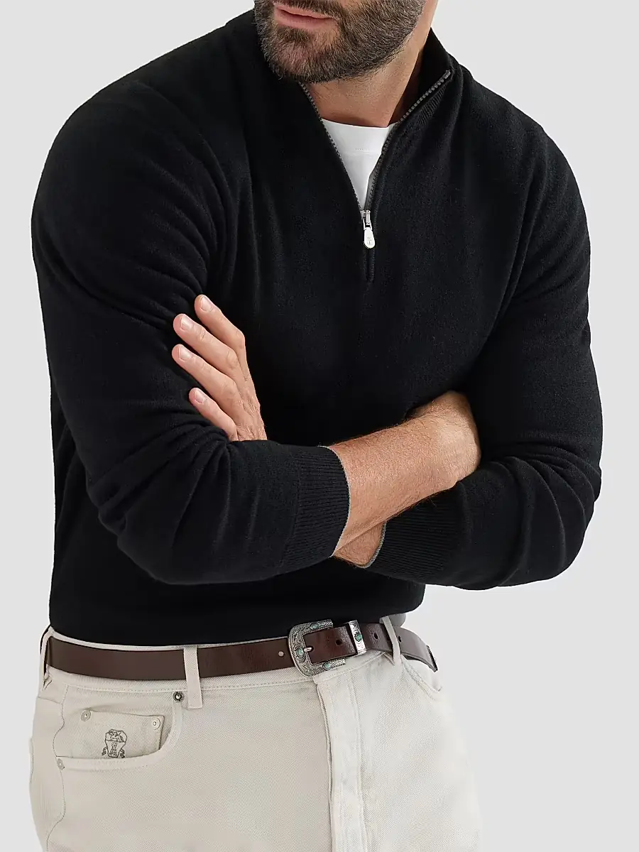 Brunello Cucinelli Men's Cashmere Sweater with Half Zip - Black | Thumbnail 4 Brunello Cucinelli Men's Cashmere Sweater with Half Zip - Black | Thumbnail 4