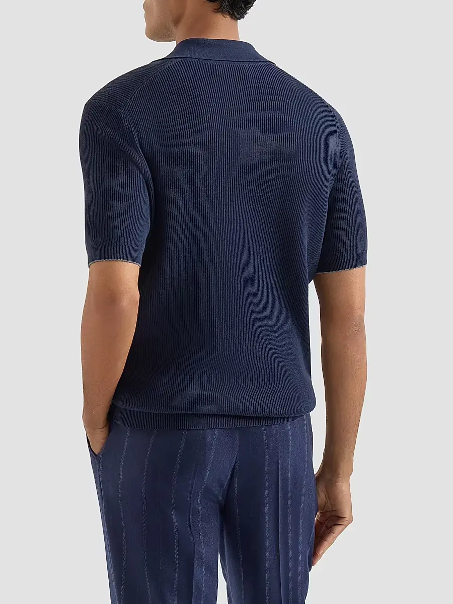 Brunello Cucinelli Men's Cotton English Rib Knit Polo Shirt | Thumbnail 4 Brunello Cucinelli Men's Cotton English Rib Knit Polo Shirt | Thumbnail 4