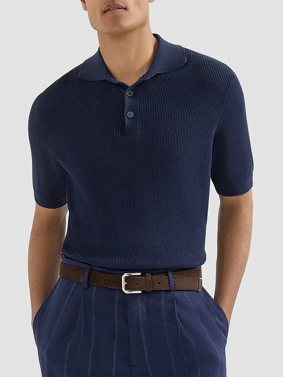 Brunello Cucinelli Men's Cotton English Rib Knit Polo Shirt | Thumbnail 5 Brunello Cucinelli Men's Cotton English Rib Knit Polo Shirt | Thumbnail 5
