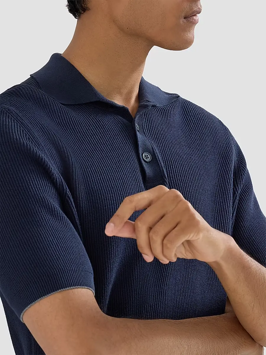 Brunello Cucinelli Men's Cotton English Rib Knit Polo Shirt | Thumbnail 6 Brunello Cucinelli Men's Cotton English Rib Knit Polo Shirt | Thumbnail 6