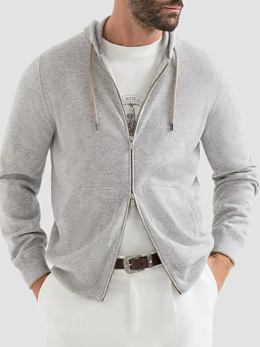 Brunello Cucinelli Men's Cashmere Sweatshirt-Style Cardigan with Hood - Pebble | Thumbnail 2 Brunello Cucinelli Men's Cashmere Sweatshirt-Style Cardigan with Hood - Pebble | Thumbnail 2