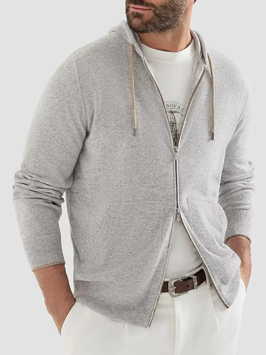 Brunello Cucinelli Men's Cashmere Sweatshirt-Style Cardigan with Hood - Pebble | Thumbnail 4 Brunello Cucinelli Men's Cashmere Sweatshirt-Style Cardigan with Hood - Pebble | Thumbnail 4