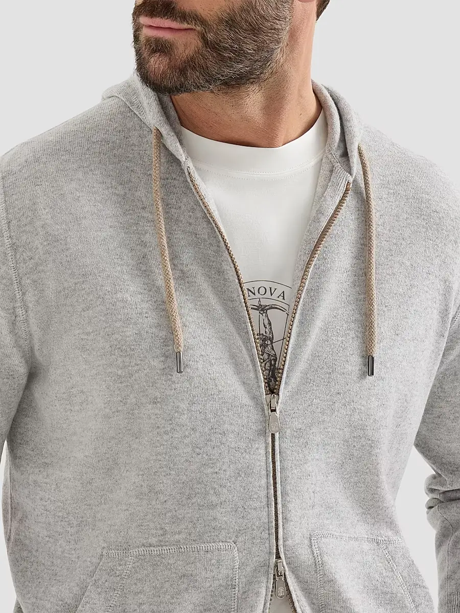 Brunello Cucinelli Men's Cashmere Sweatshirt-Style Cardigan with Hood - Pebble | Thumbnail 5 Brunello Cucinelli Men's Cashmere Sweatshirt-Style Cardigan with Hood - Pebble | Thumbnail 5