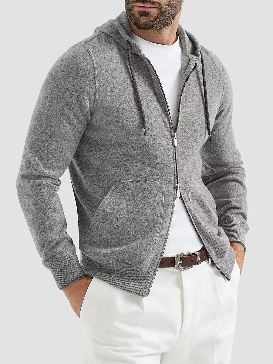 Brunello Cucinelli Men's Cashmere Sweatshirt-Style Cardigan with Hood - Dark Grey | Thumbnail 2 Brunello Cucinelli Men's Cashmere Sweatshirt-Style Cardigan with Hood - Dark Grey | Thumbnail 2