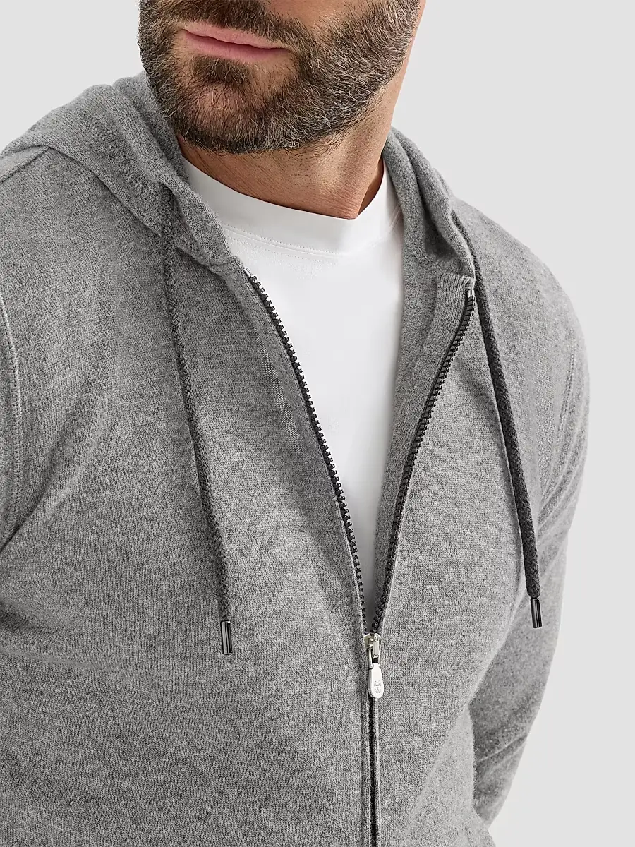 Brunello Cucinelli Men's Cashmere Sweatshirt-Style Cardigan with Hood - Dark Grey | Thumbnail 4 Brunello Cucinelli Men's Cashmere Sweatshirt-Style Cardigan with Hood - Dark Grey | Thumbnail 4