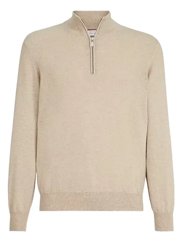 Brunello Cucinelli Men's Cashmere Sweater with Half Zip - Light Brown