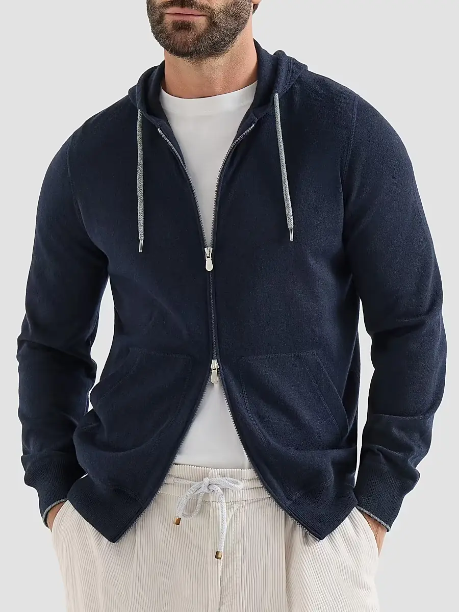 Brunello Cucinelli Men's Cashmere Sweatshirt-Style Cardigan with Hood - Navy Blue | Thumbnail 2 Brunello Cucinelli Men's Cashmere Sweatshirt-Style Cardigan with Hood - Navy Blue | Thumbnail 2