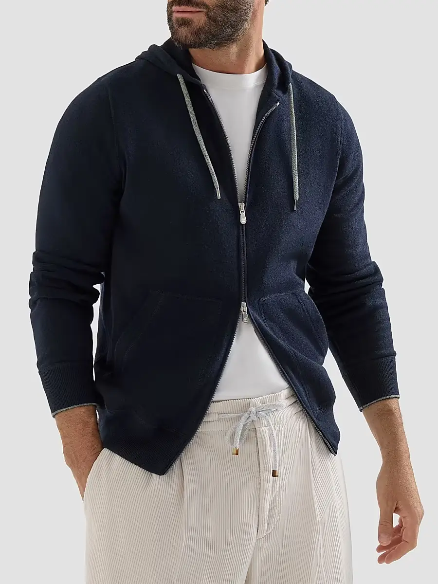 Brunello Cucinelli Men's Cashmere Sweatshirt-Style Cardigan with Hood - Navy Blue | Thumbnail 4 Brunello Cucinelli Men's Cashmere Sweatshirt-Style Cardigan with Hood - Navy Blue | Thumbnail 4