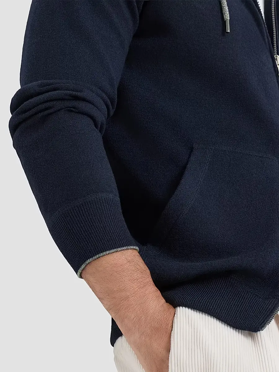 Brunello Cucinelli Men's Cashmere Sweatshirt-Style Cardigan with Hood - Navy Blue | Thumbnail 5 Brunello Cucinelli Men's Cashmere Sweatshirt-Style Cardigan with Hood - Navy Blue | Thumbnail 5