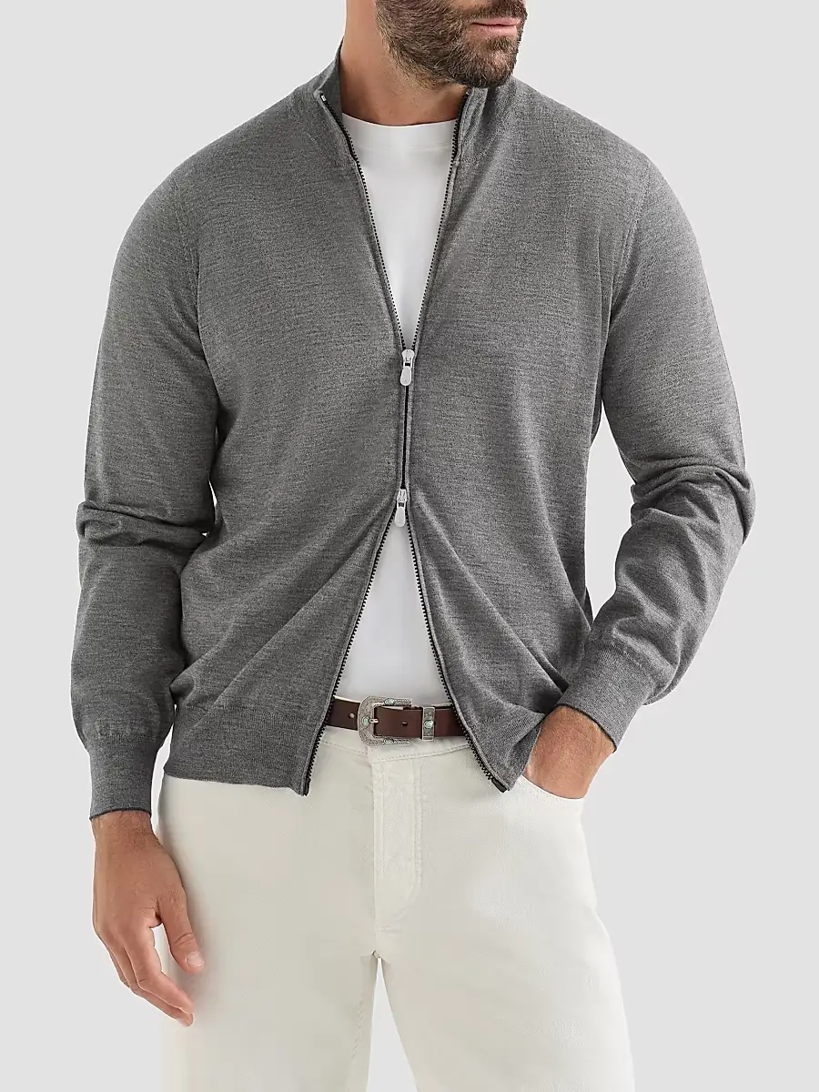 Brunello Cucinelli Men's Cashmere and Silk Lightweight Cardigan with Zipper - Dark Grey | Thumbnail 3 Brunello Cucinelli Men's Cashmere and Silk Lightweight Cardigan with Zipper - Dark Grey | Thumbnail 3