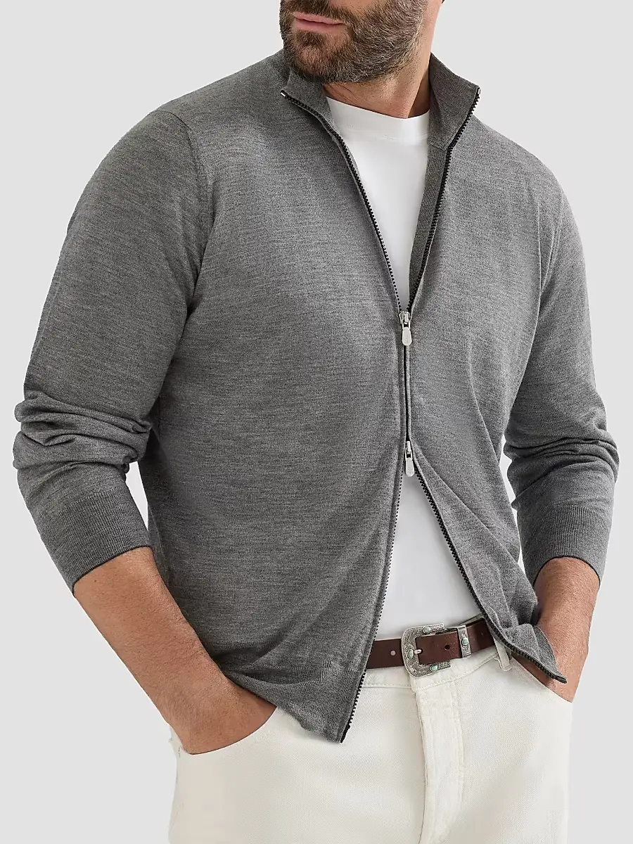Brunello Cucinelli Men's Cashmere and Silk Lightweight Cardigan with Zipper - Dark Grey | Thumbnail 5 Brunello Cucinelli Men's Cashmere and Silk Lightweight Cardigan with Zipper - Dark Grey | Thumbnail 5